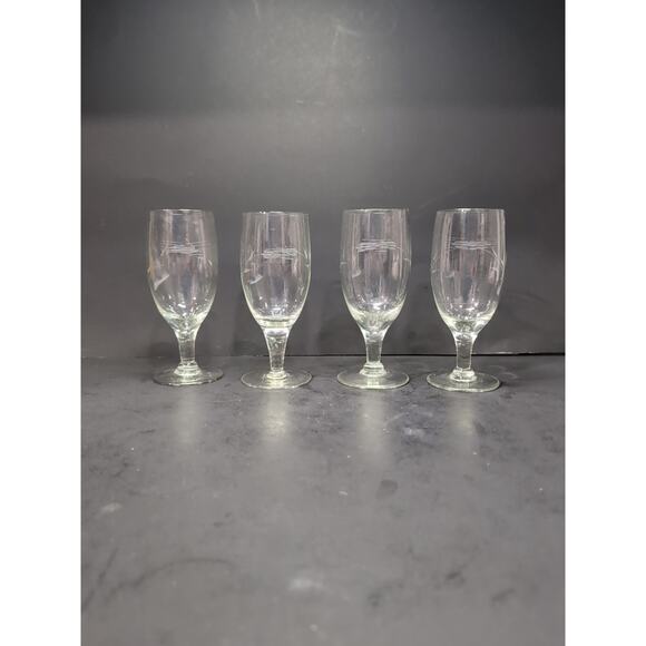 Footed Vintage Glass Juice Set, Floral Etched Blown Glass, UV Reactive, Set of 4 - Picture 1 of 10